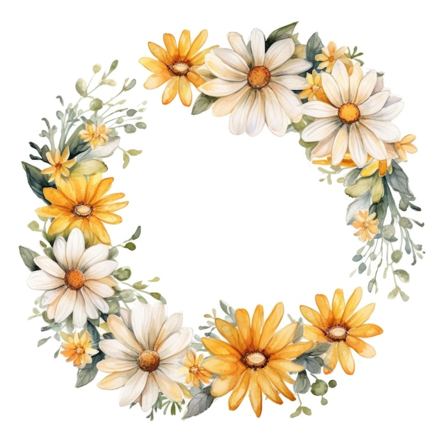 Circle frame of watercolor daisy flowers and leaves on white background Beautiful elegant floral wreath