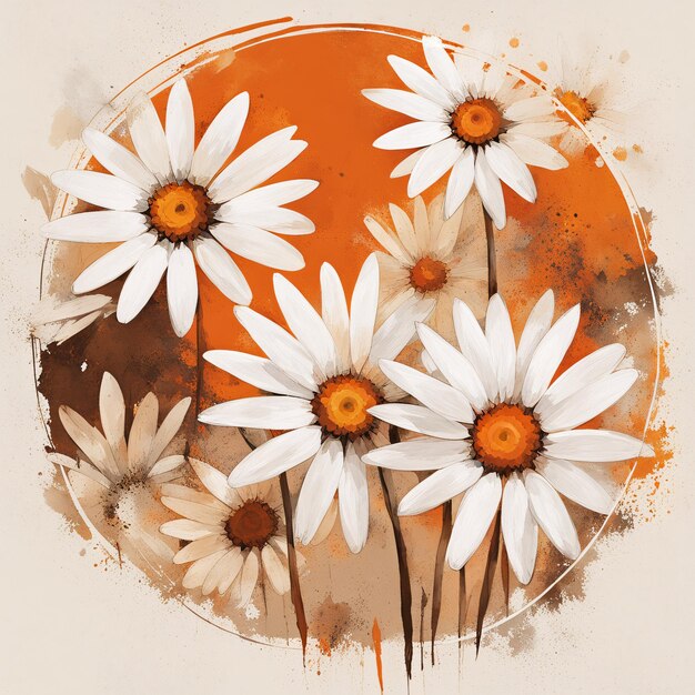 Foto in circle frame daisies bianche e marroni di sophie smith nello stile di dynamic brushwork vibrati