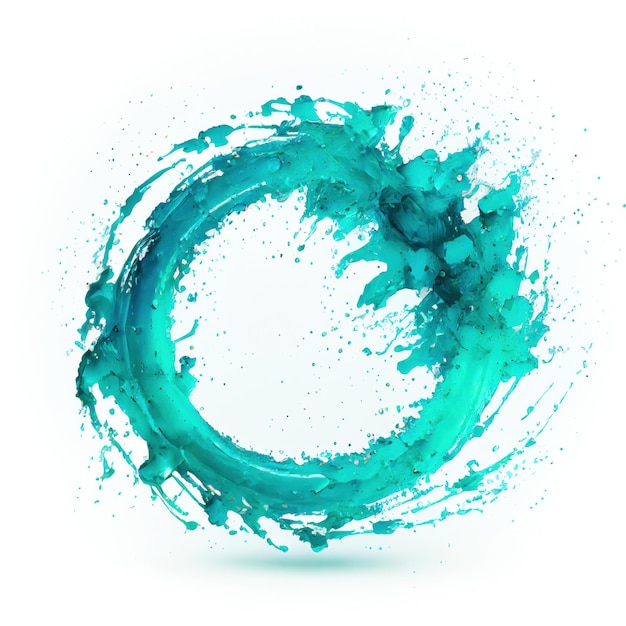 A circle frame with aquamarine paint splashes on white background