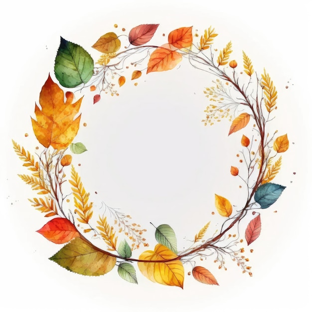 Circle frame with autumn leaves watercolor painted isolated on white background Theme of vintage minimal art design in geometric Finest generative AI