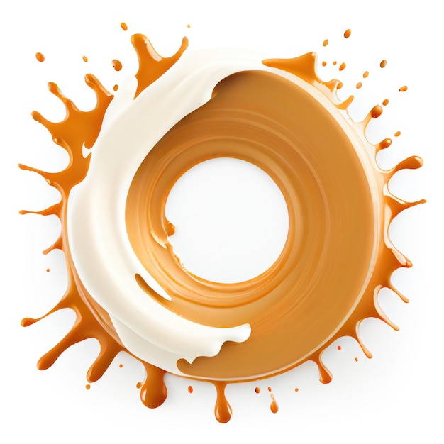 A circle frame with caramel paint splashes on white background