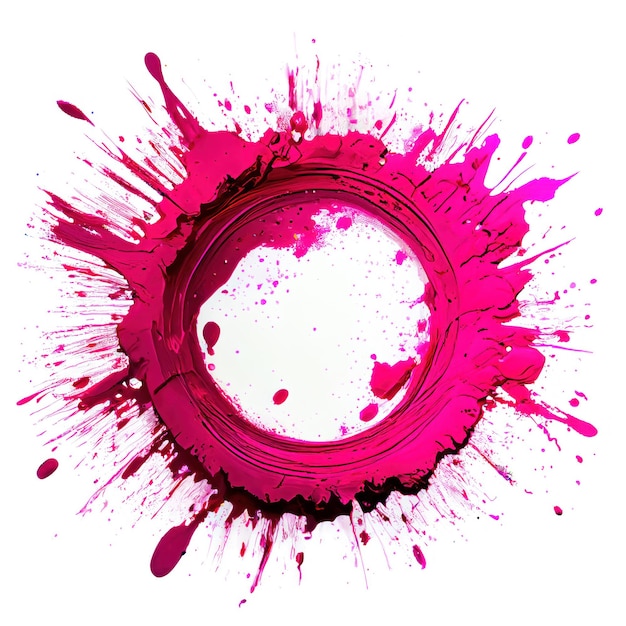 A circle frame with magenta paint splashes on white background