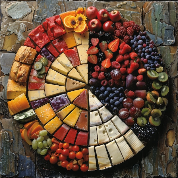 a circle of fruit and cheese with a picture of a pie with the word quot cheese quot on it