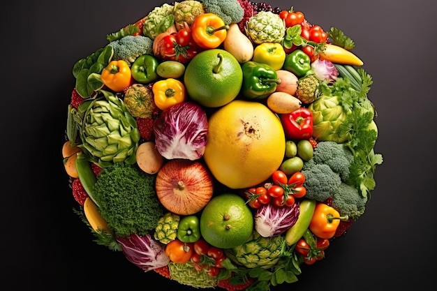 Photo a circle of fruits and vegetables on a black background generative ai