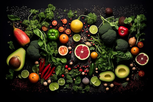 A circle of fruits and vegetables with a black background with a sign that says " no. "