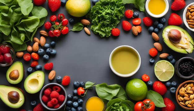 a circle of fruits and vegetables with a bowl of dip