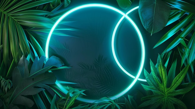 круг Зелёный и синий неоновый свет с тропическими листьями Generative Ai