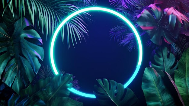 circle Green and Blue Neon Light with Tropical Leaves Generative Ai