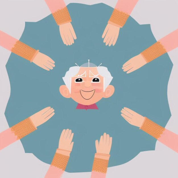 A circle of hands with one that has a picture of an old woman in the middle