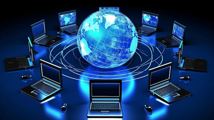 Photo circle of laptops and a blue shiny in a computer communication and connectivity concept generative ai earth's surface
