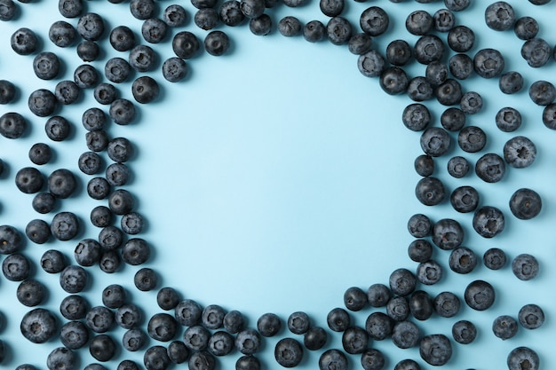 Circle made of blueberries on blue