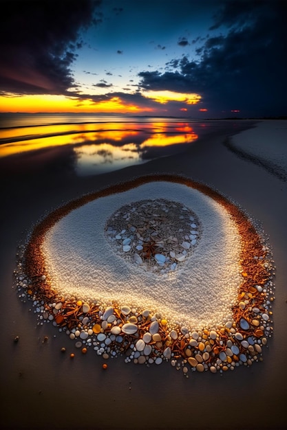 砂浜の上に座っている岩で作られた円生成ai