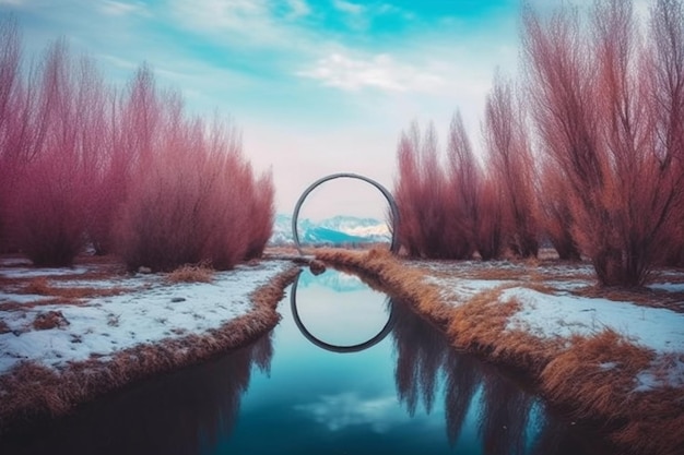 A circle in the middle of a pond with snow covered mountains in the background.