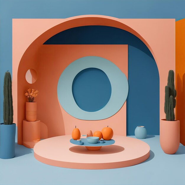 Foto un cerchio minimal mockup stage design blu crepuscolo e colore terracotta per lo sfondo del prodotto