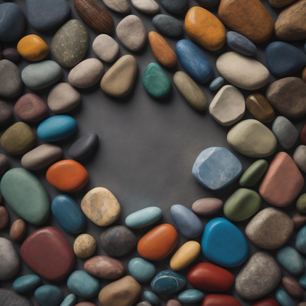 A circle of multi colored rocks with different colors and shapes.