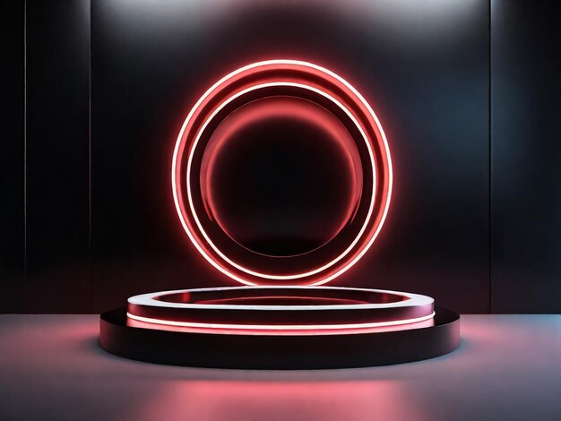 Circle neon light in black hall room futuristic concept Abstract geometric background Product