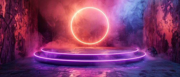 A circle neon light in a black hall room with a futuristic concept an abstract geometric background and a product display set against a scene with 3D rendering