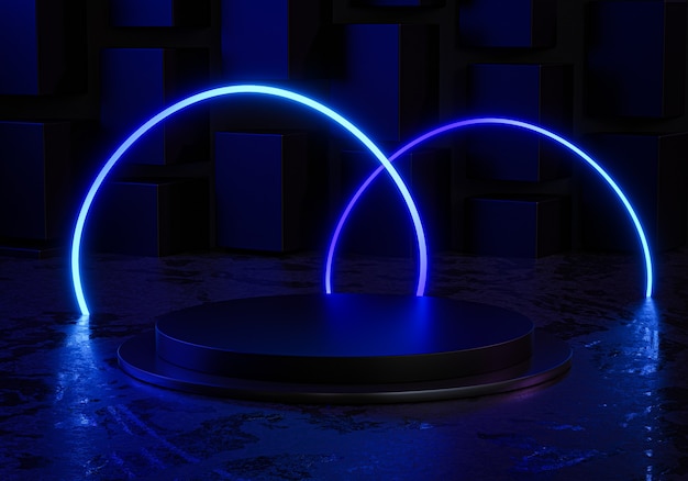 Фото Круглый неоновый свет подиум этап круглый черный темный дисплей продукта 3d-рендеринг
