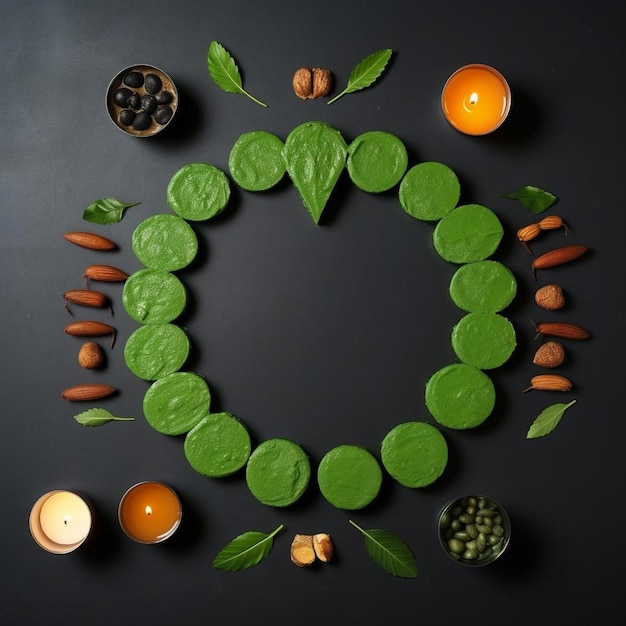 Photo a circle of nuts and fruits with the letter o in the middle