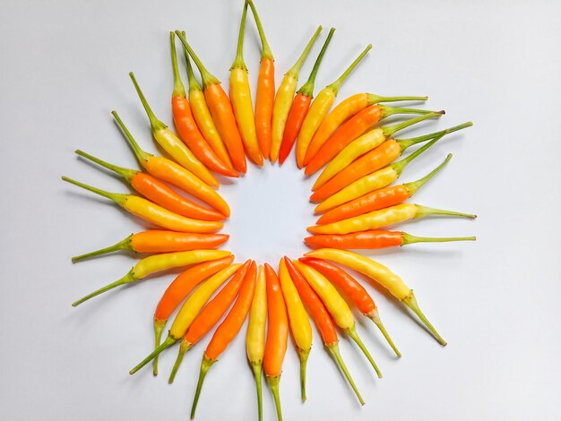 A circle of orange and yellow peppers on white background. Chili peppers. Colorful chili peppers.