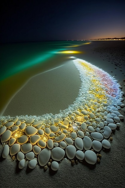 夜のビーチで小石の輪生成 ai