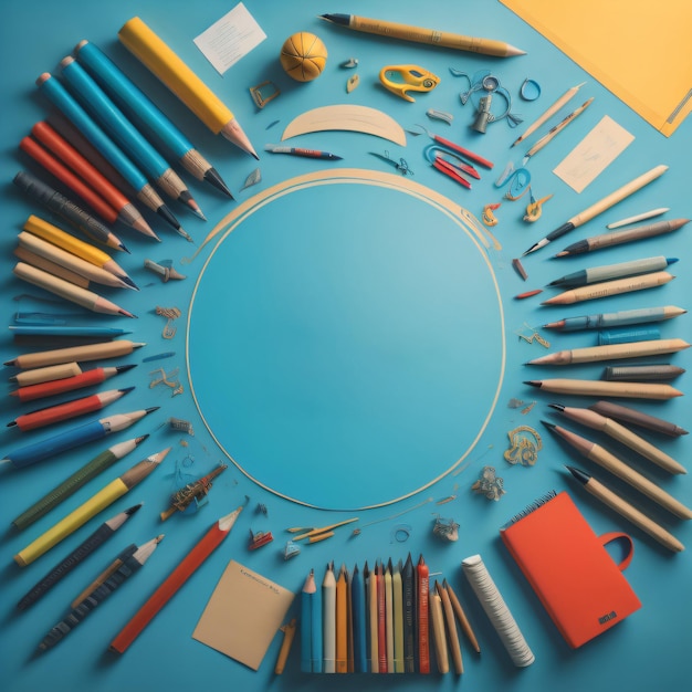 a circle of pencils is on a blue table with a circle of pencils.