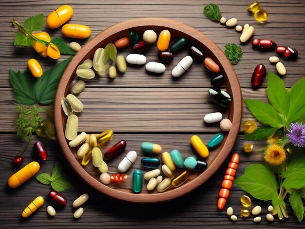 a circle of pills and a circle of pills on a wooden background