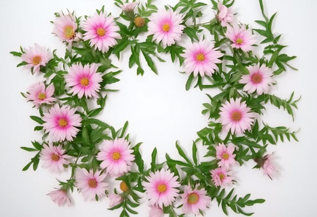 A circle of pink flowers is on a white background.