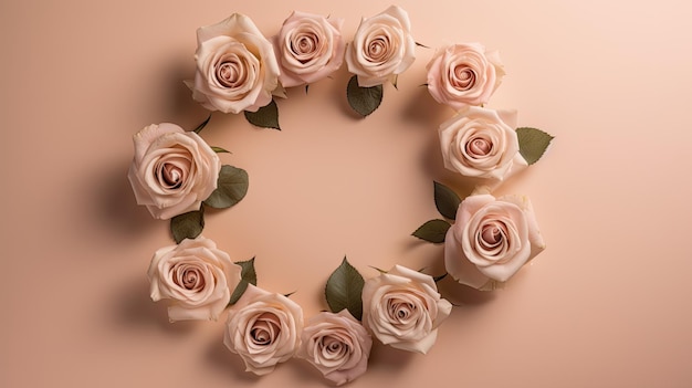 A circle of pink roses on a pink background