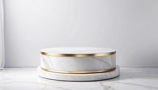 The circle podium for the presentation of the product is made of white marble with gold veins