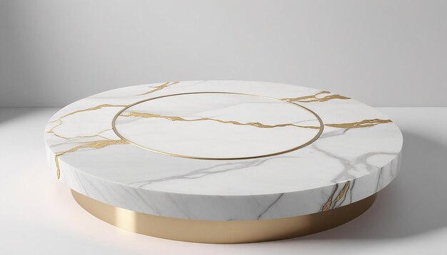 Photo the circle podium for the presentation of the product is made of white marble with gold veins