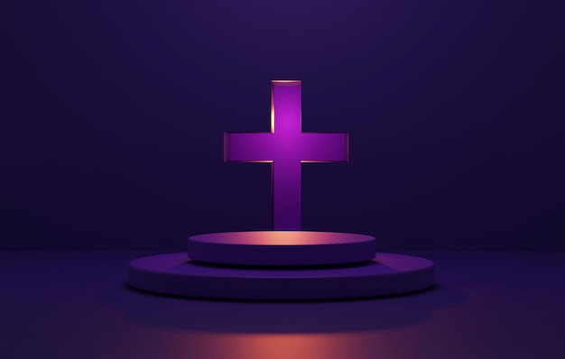 Circle purple pedestal and cross on abstract purple background