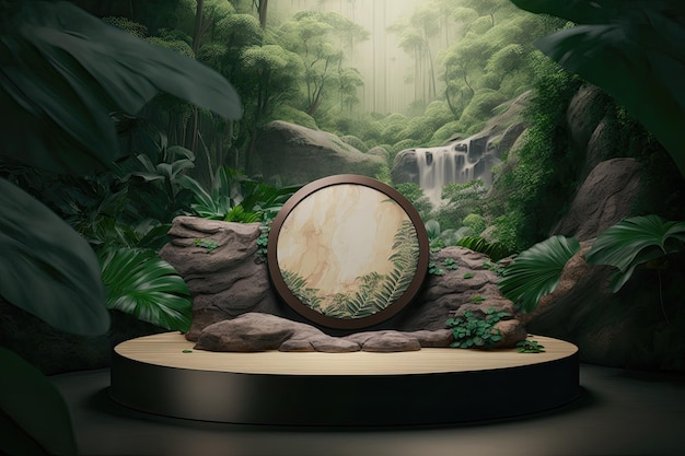 Circle round podium stage platform nature forest plant tree product display Made with Generative AI