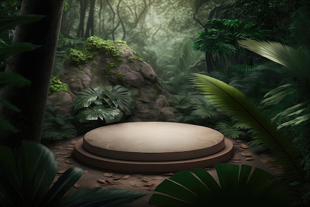 円形表彰台 ステージ プラットフォーム 自然 森林 植物 樹木 製品の展示 ジェネレーティブ AI で作成