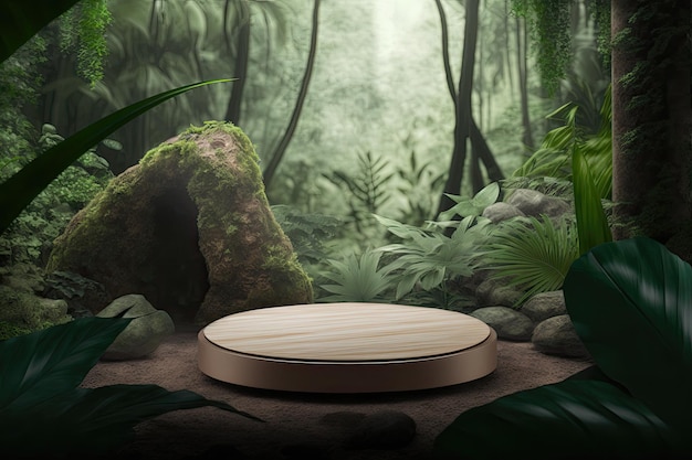 Circle round podium stage platform nature forest plant tree product display Made with Generative AI