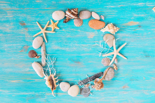 Circle of sea shells with copy space in center overhead view