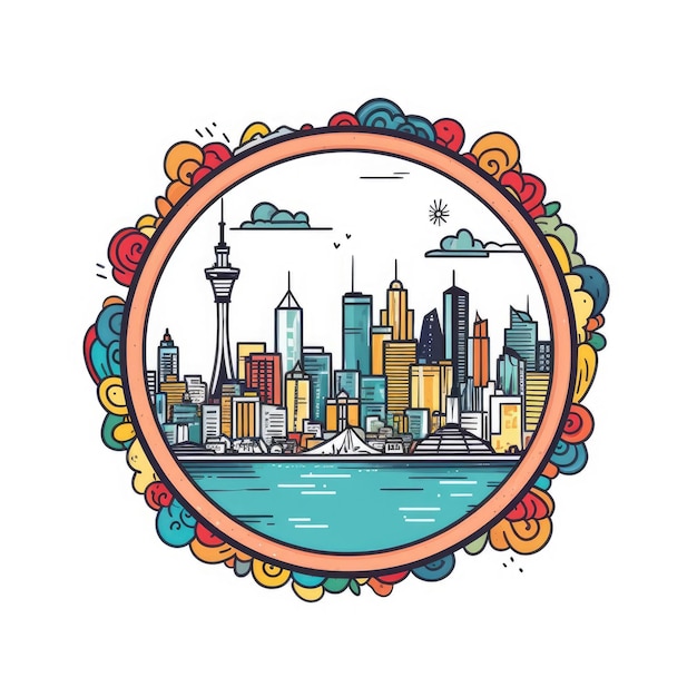 Una cornice a forma di cerchio con lo spazio centrale dello skyline della città di auckland in semplice doodle a colori in stile cartone animato bellissimo generative ai aig32