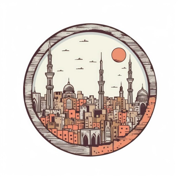 Photo a circle shape frame with center space of cairo of egypt city skyline in simple doodle color cartoon style beautiful generative ai aig32