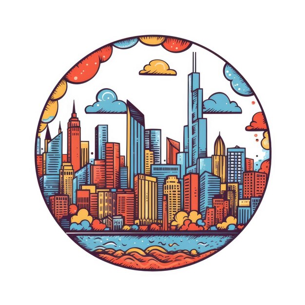 A circle shape frame with center space of Chicago city skyline in simple doodle color cartoon style beautiful Generative AI AIG32