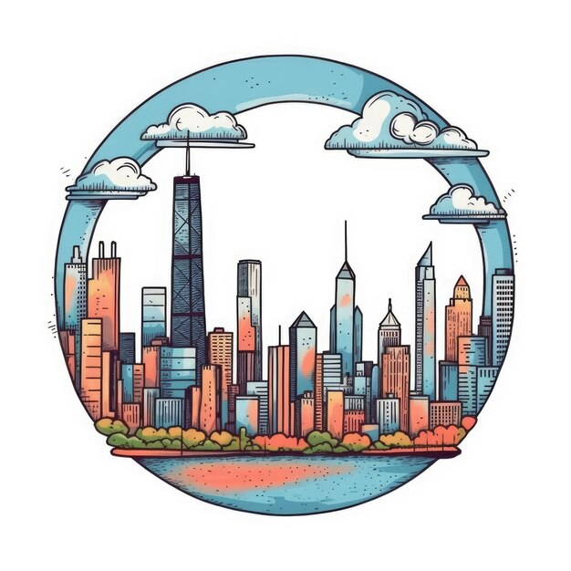 A circle shape frame with center space of Chicago city skyline in simple doodle color cartoon style beautiful Generative AI AIG32