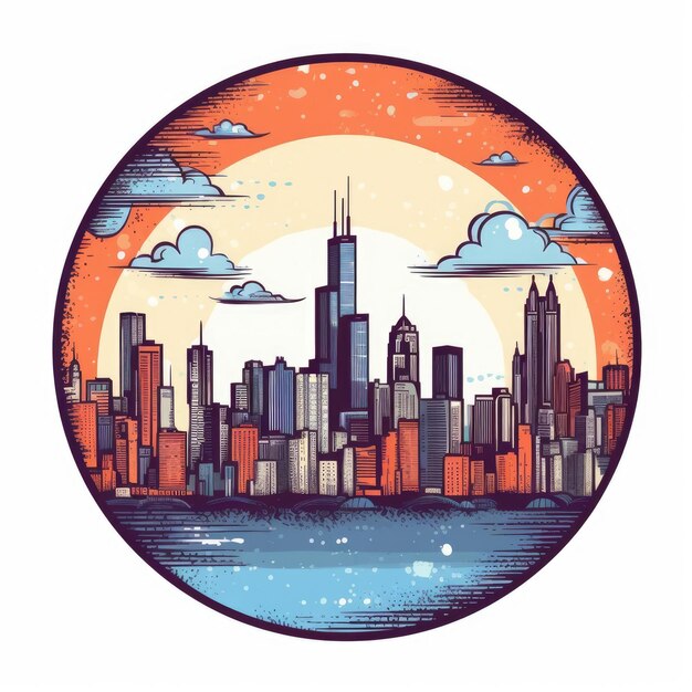 A circle shape frame with center space of Chicago city skyline in simple doodle color cartoon style Generative AI AIG32