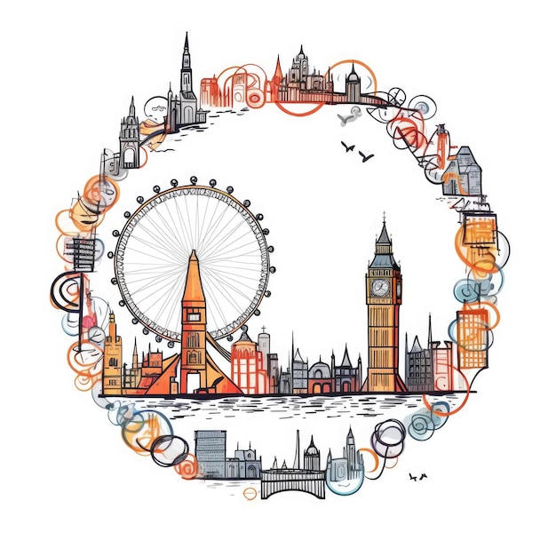 Foto una cornice a forma di cerchio con lo spazio centrale dello skyline della città di londra in semplice doodle a colori in stile cartone animato bellissimo generative ai aig32