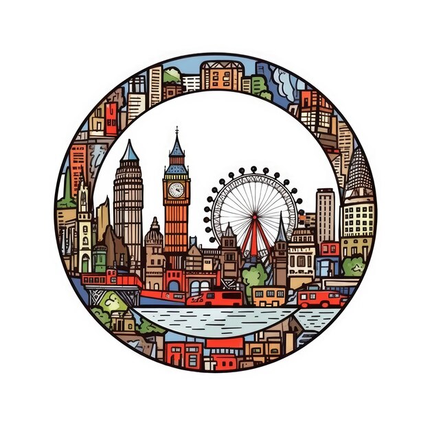 A circle shape frame with center space of London city skyline in simple doodle color cartoon style beautiful Generative AI AIG32