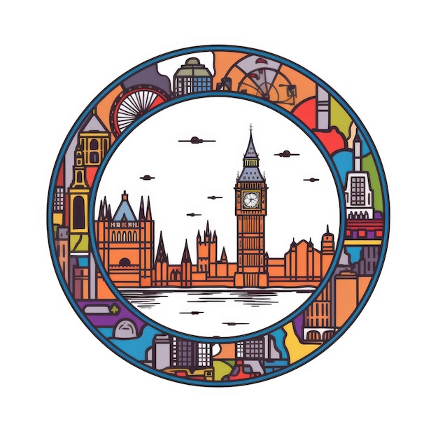 Photo a circle shape frame with center space of london city skyline in simple doodle color cartoon style beautiful generative ai aig32