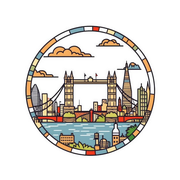 Photo a circle shape frame with center space of london city skyline in simple doodle color cartoon style generative ai aig32