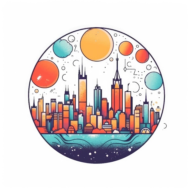 A circle shape frame with center space of Melbourne city skyline in simple doodle color cartoon style beautiful Generative AI AIG32