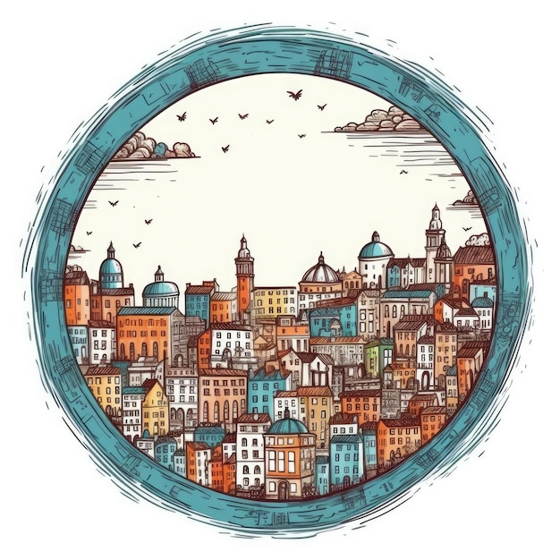 A circle shape frame with center space of Rome city skyline in simple doodle color cartoon style beautiful Generative AI AIG32