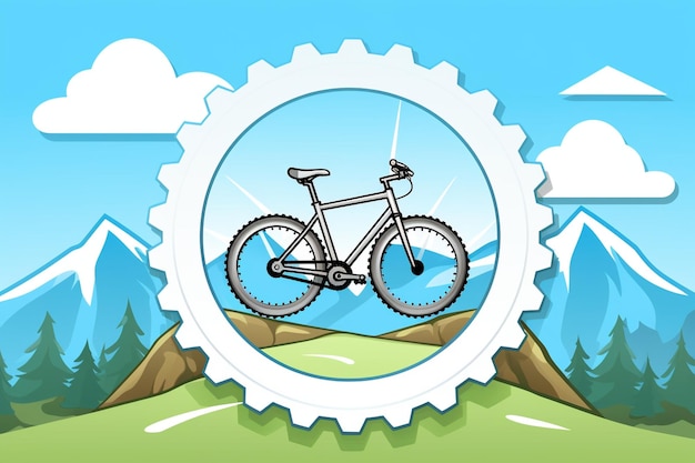 Photo circle shape with gear bicycle and mountain