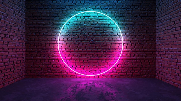 Circle shaped glowing neon frame on brick wall in dark room