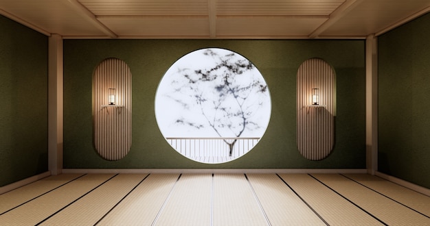 Circle shelf wall design, green empty  room japanese deisgn, tatami mat floor. 3D rendering